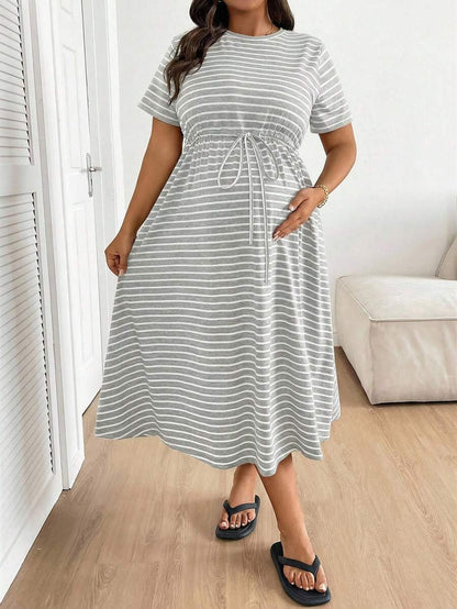 Plus Size Maternity Striped Midi Dress - Round Neck, Short Sleeve, Drawstring, High Waist, Black