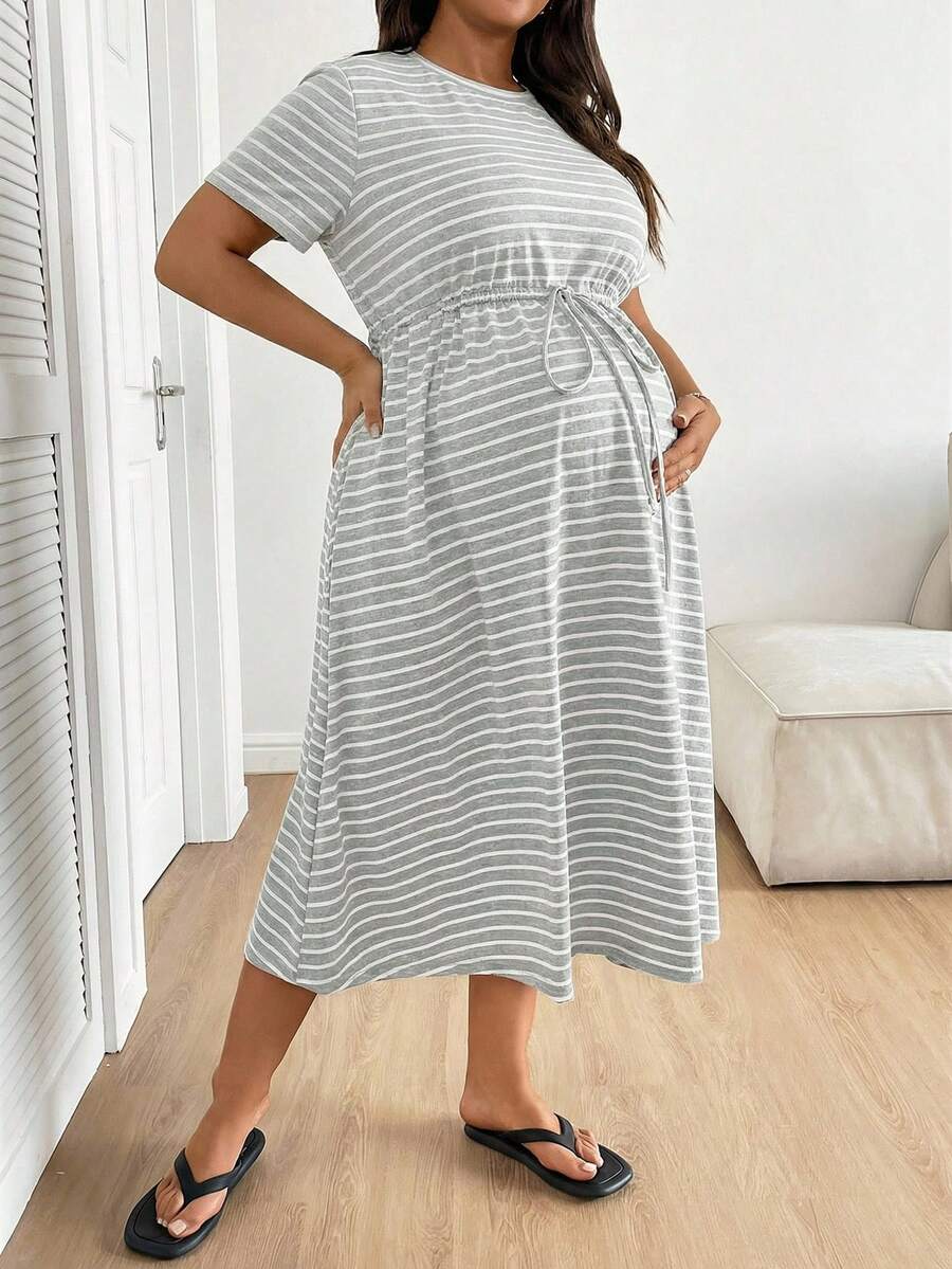 Plus Size Maternity Striped Midi Dress - Round Neck, Short Sleeve, Drawstring, High Waist, Black