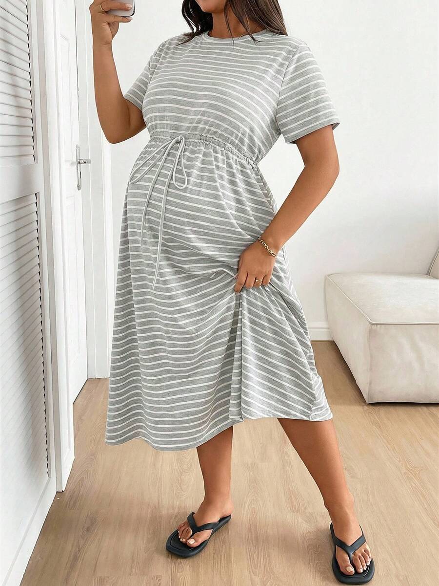 Plus Size Maternity Striped Midi Dress - Round Neck, Short Sleeve, Drawstring, High Waist, Black