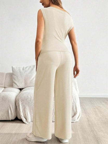 2-Piece Maternity Off-Shoulder Asymmetrical Top and Wide Leg Pants Set - Adjustable Waist Black Long Sleeve Casual Lounge Set