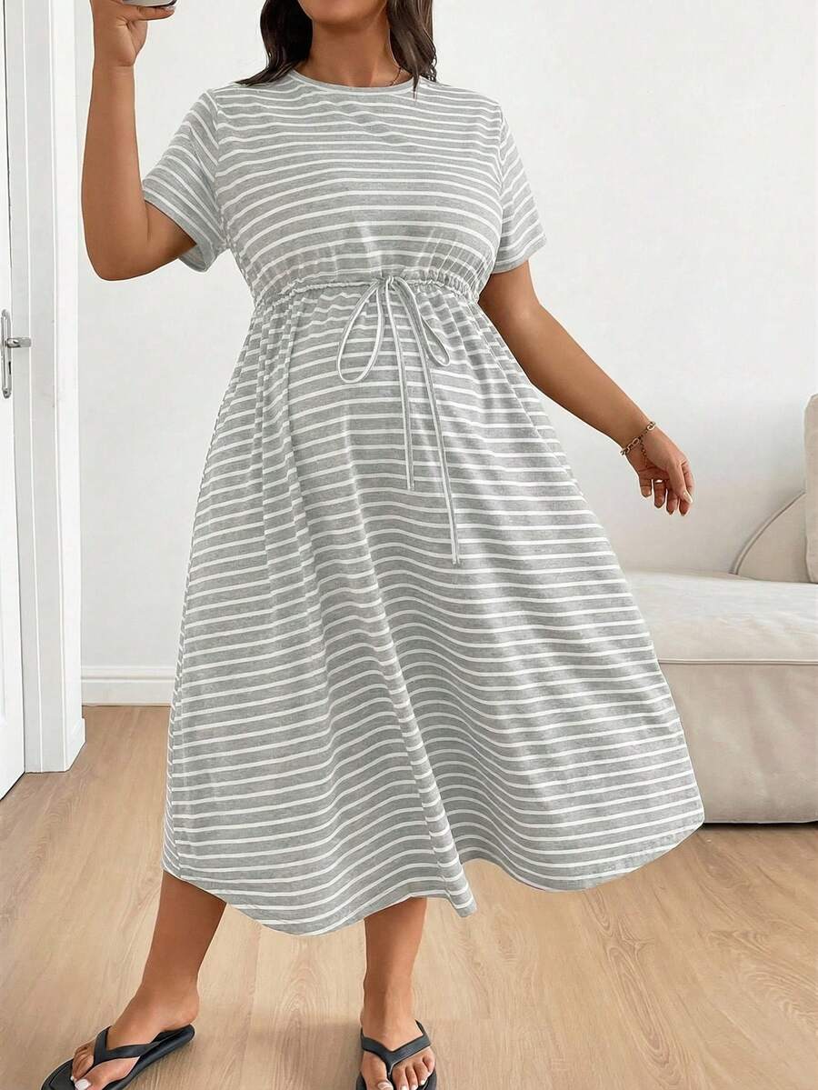 Plus Size Maternity Striped Midi Dress - Round Neck, Short Sleeve, Drawstring, High Waist, Black