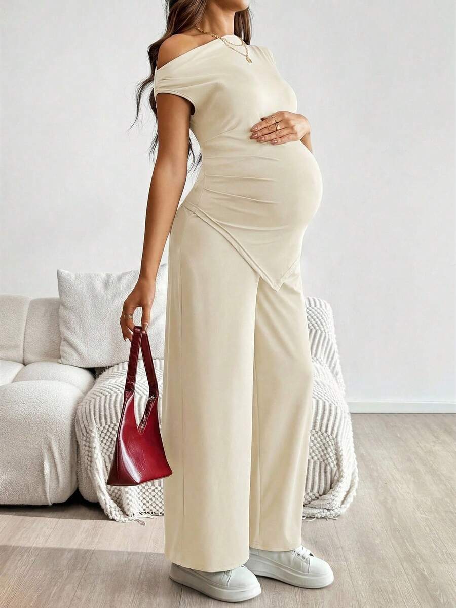 2-Piece Maternity Off-Shoulder Asymmetrical Top and Wide Leg Pants Set - Adjustable Waist Black Long Sleeve Casual Lounge Set