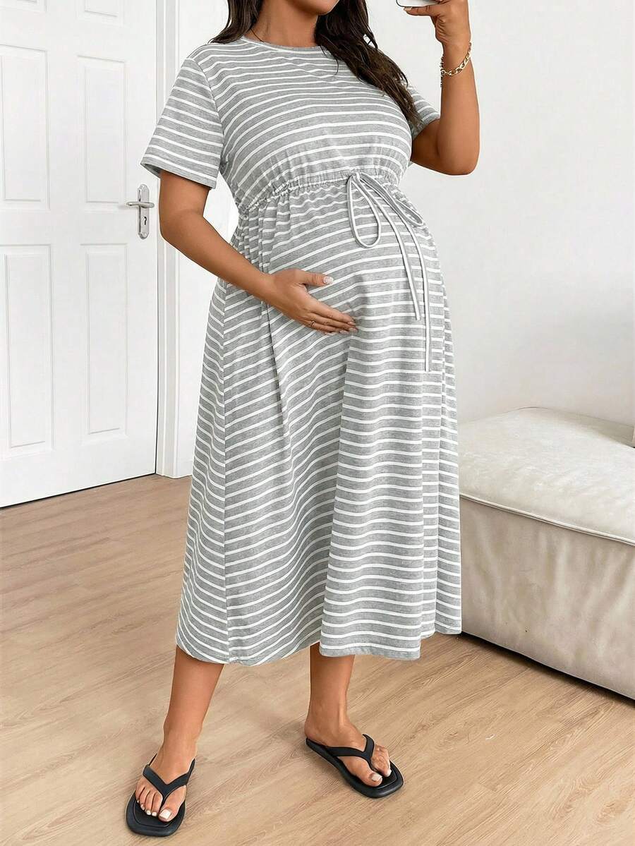 Plus Size Maternity Striped Midi Dress - Round Neck, Short Sleeve, Drawstring, High Waist, Black