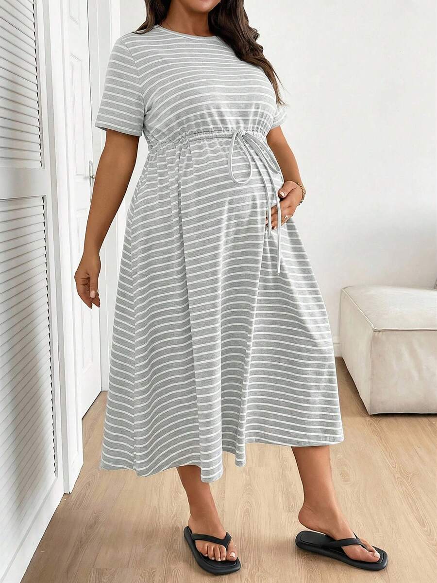 Plus Size Maternity Striped Midi Dress - Round Neck, Short Sleeve, Drawstring, High Waist, Black