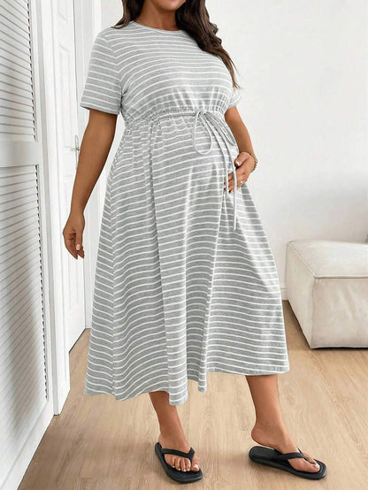 Plus Size Maternity Striped Midi Dress - Round Neck, Short Sleeve, Drawstring, High Waist, Black