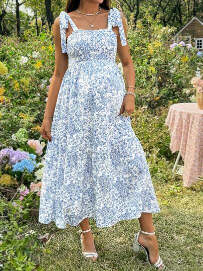 Maternity Blue and White Ditsy Floral Square Neck Sleeveless Midi Dress with Shirred Bodice for Beach and Summer