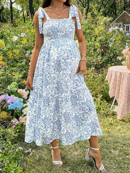 Maternity Blue and White Ditsy Floral Square Neck Sleeveless Midi Dress with Shirred Bodice for Beach and Summer