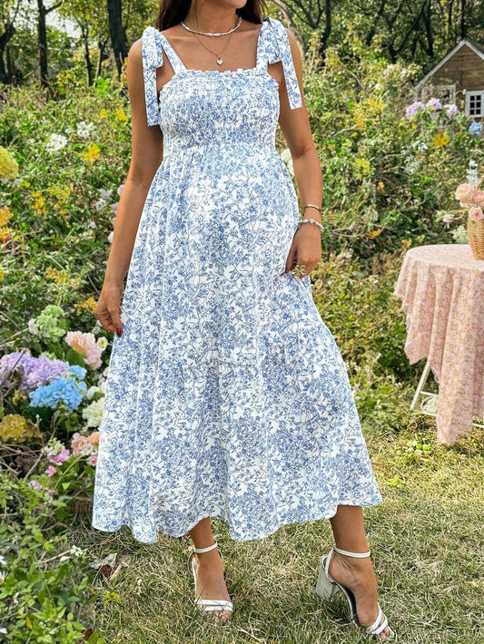 Maternity Blue and White Ditsy Floral Square Neck Sleeveless Midi Dress with Shirred Bodice for Beach and Summer