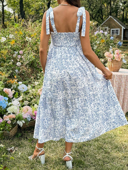 Maternity Blue and White Ditsy Floral Square Neck Sleeveless Midi Dress with Shirred Bodice for Beach and Summer