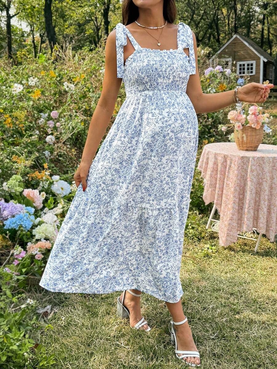 Maternity Blue and White Ditsy Floral Square Neck Sleeveless Midi Dress with Shirred Bodice for Beach and Summer