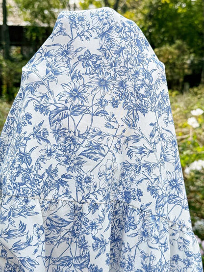 Maternity Blue and White Ditsy Floral Square Neck Sleeveless Midi Dress with Shirred Bodice for Beach and Summer