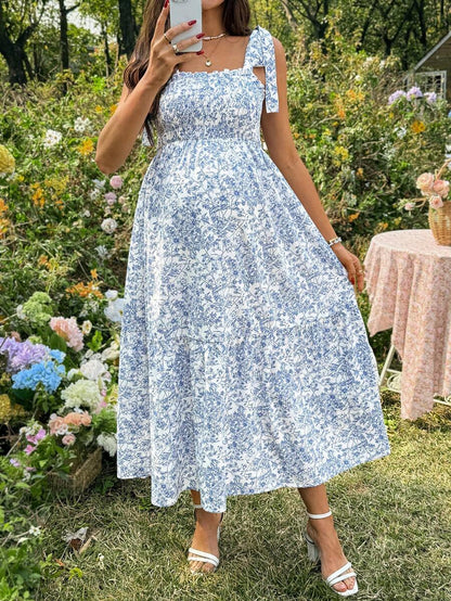 Maternity Blue and White Ditsy Floral Square Neck Sleeveless Midi Dress with Shirred Bodice for Beach and Summer