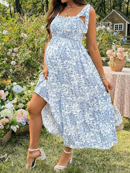 Maternity Blue and White Ditsy Floral Square Neck Sleeveless Midi Dress with Shirred Bodice for Beach and Summer