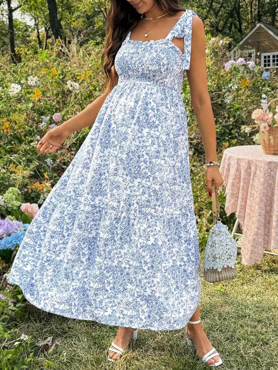Maternity Blue and White Ditsy Floral Square Neck Sleeveless Midi Dress with Shirred Bodice for Beach and Summer