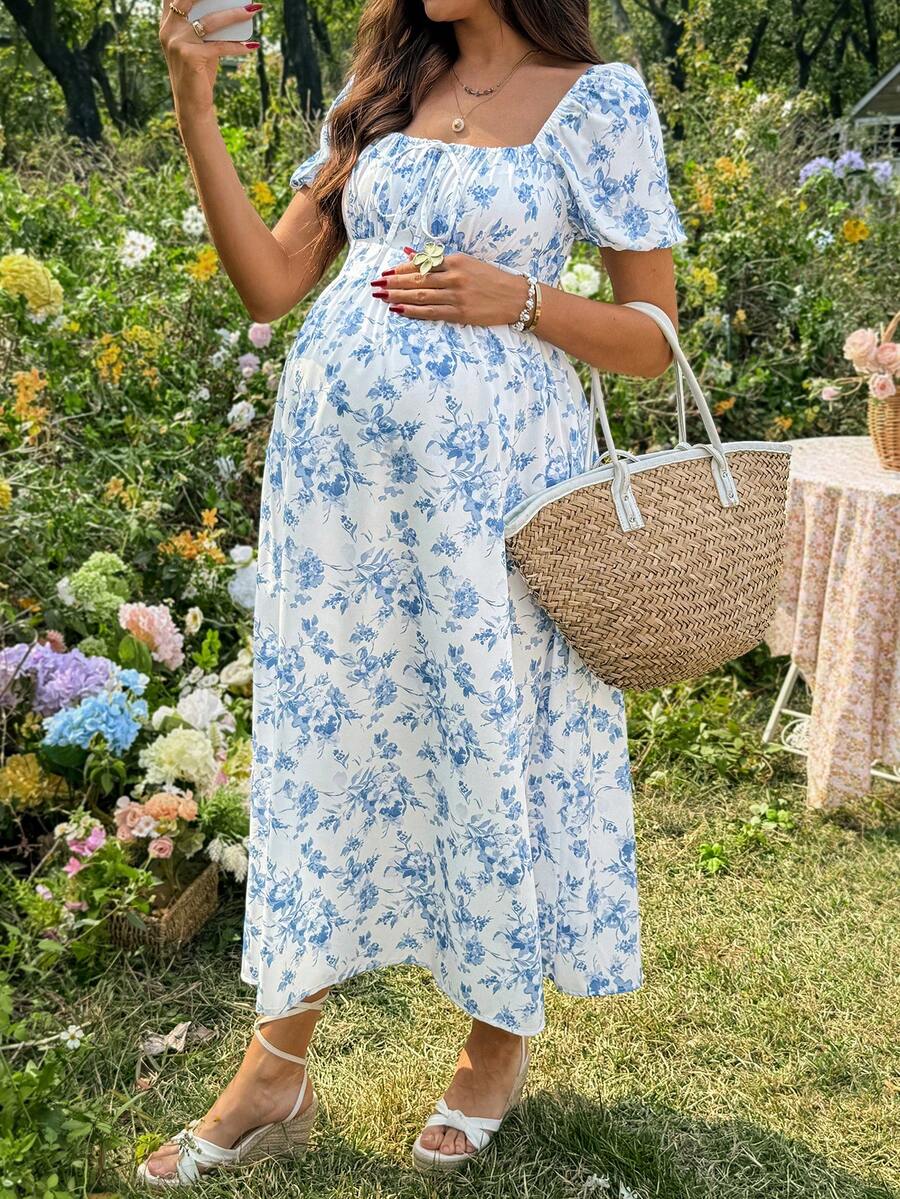 Maternity Casual Blue Ditsy Floral Square Neck Puff Sleeve Midi A-Line Dress for Home and Daily Wear