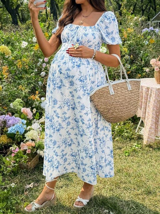 Maternity Casual Blue Ditsy Floral Square Neck Puff Sleeve Midi A-Line Dress for Home and Daily Wear