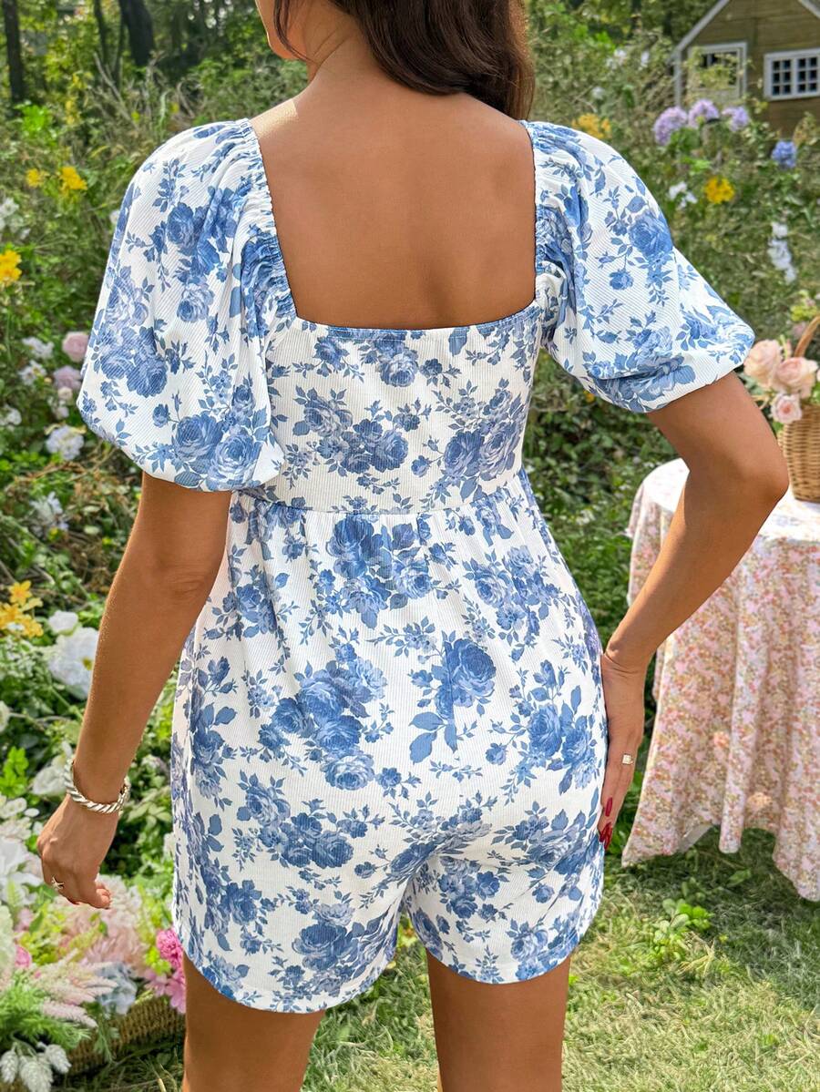 Yellow Floral Print Maternity Jumpsuit - Boho Square Neck Puff Sleeve Short Romper - High Waist Loose Fit Summer Beach Outfit