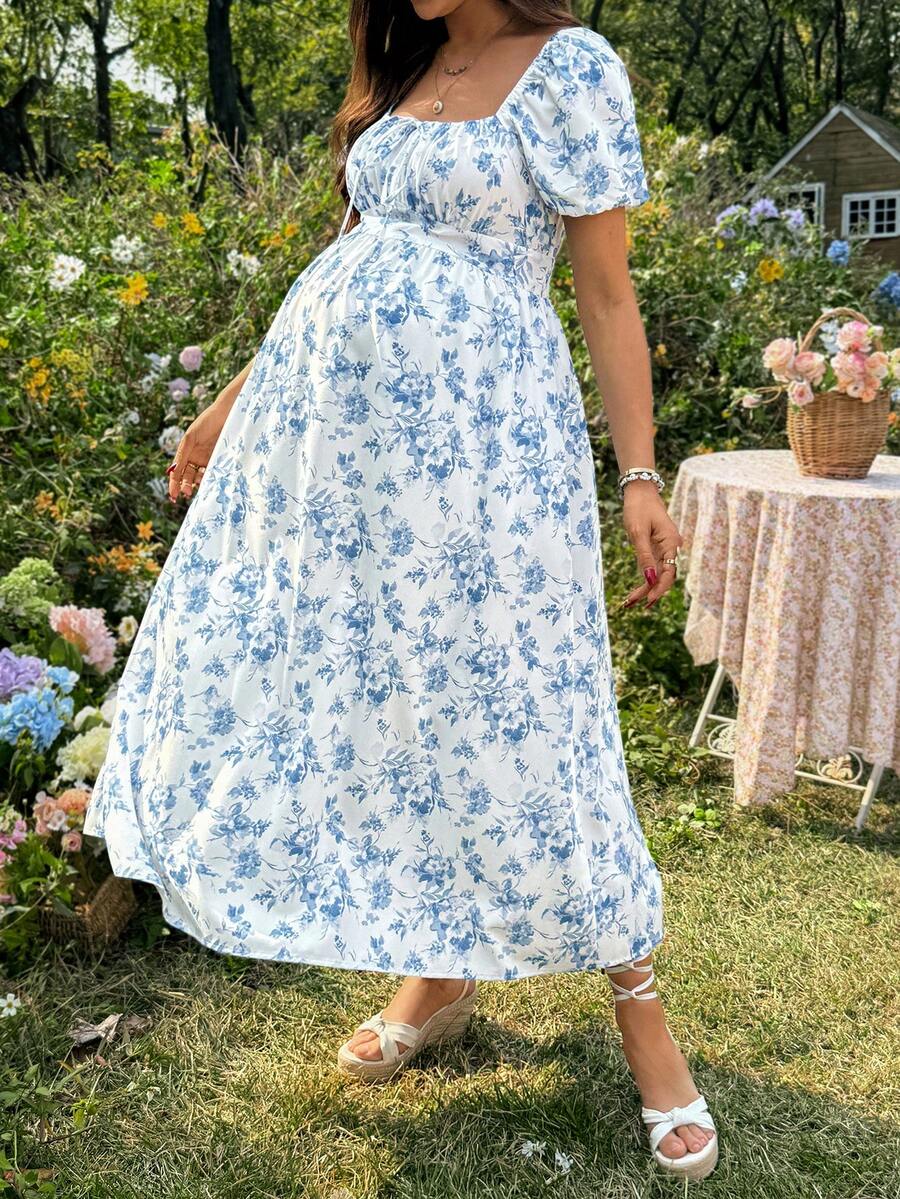 Maternity Casual Blue Ditsy Floral Square Neck Puff Sleeve Midi A-Line Dress for Home and Daily Wear