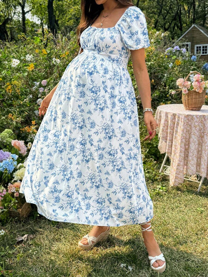 Maternity Casual Blue Ditsy Floral Square Neck Puff Sleeve Midi A-Line Dress for Home and Daily Wear