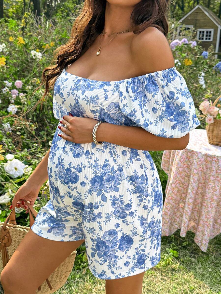 Yellow Floral Print Maternity Jumpsuit - Boho Square Neck Puff Sleeve Short Romper - High Waist Loose Fit Summer Beach Outfit