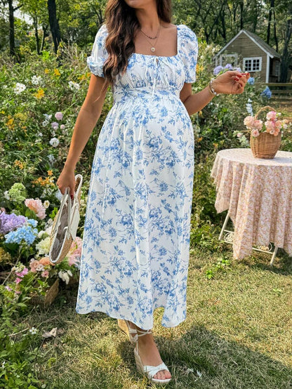 Maternity Casual Blue Ditsy Floral Square Neck Puff Sleeve Midi A-Line Dress for Home and Daily Wear
