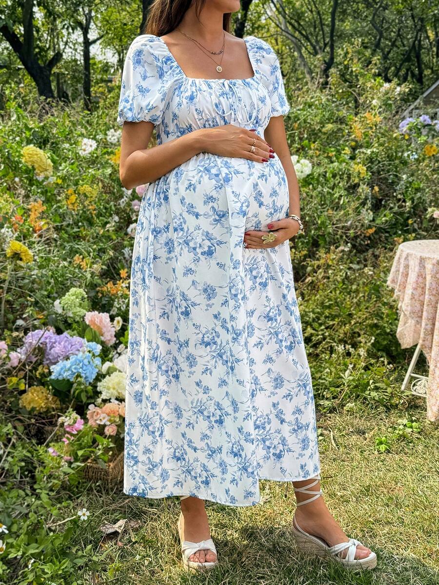 Maternity Casual Blue Ditsy Floral Square Neck Puff Sleeve Midi A-Line Dress for Home and Daily Wear