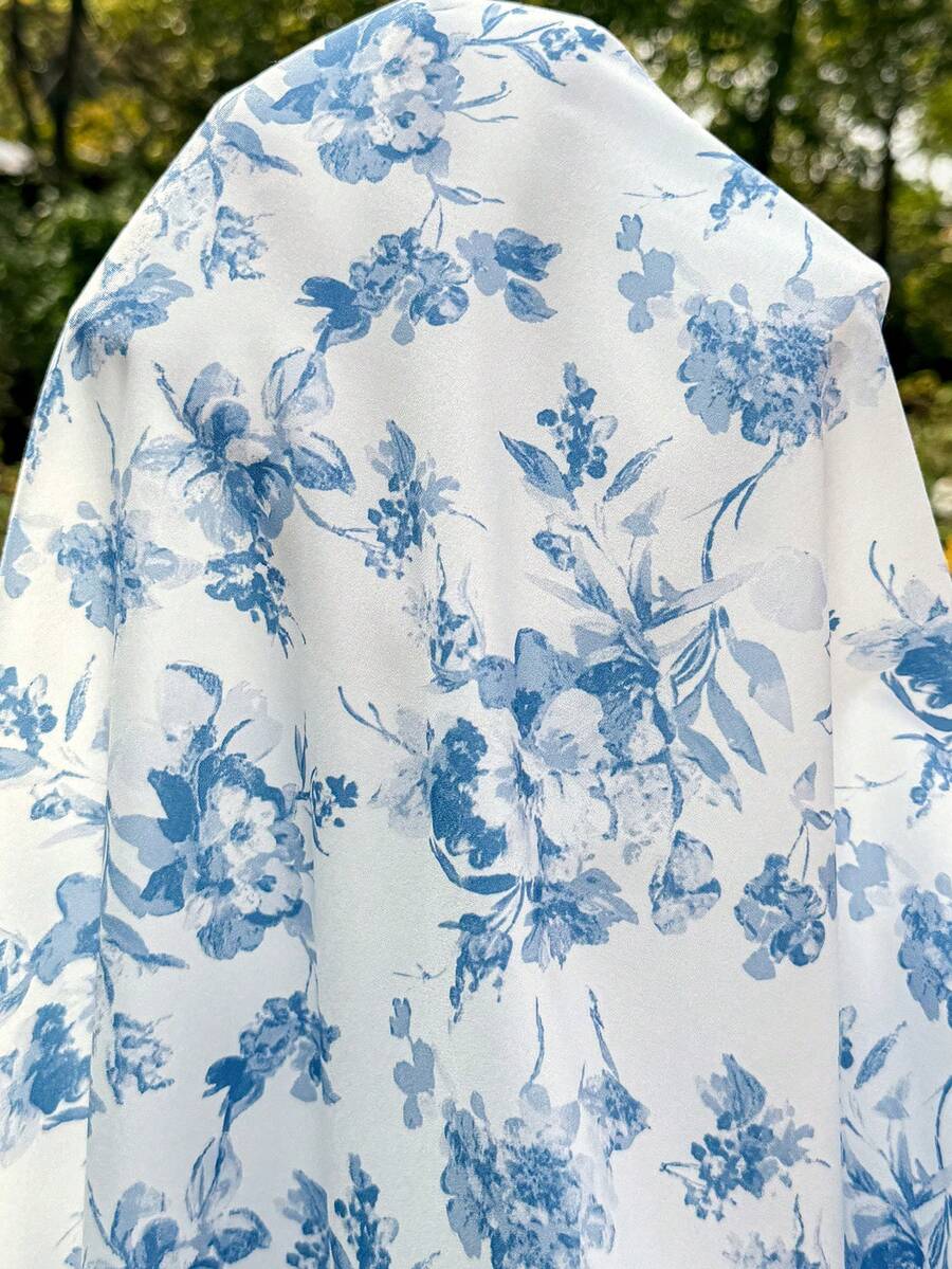 Maternity Casual Blue Ditsy Floral Square Neck Puff Sleeve Midi A-Line Dress for Home and Daily Wear