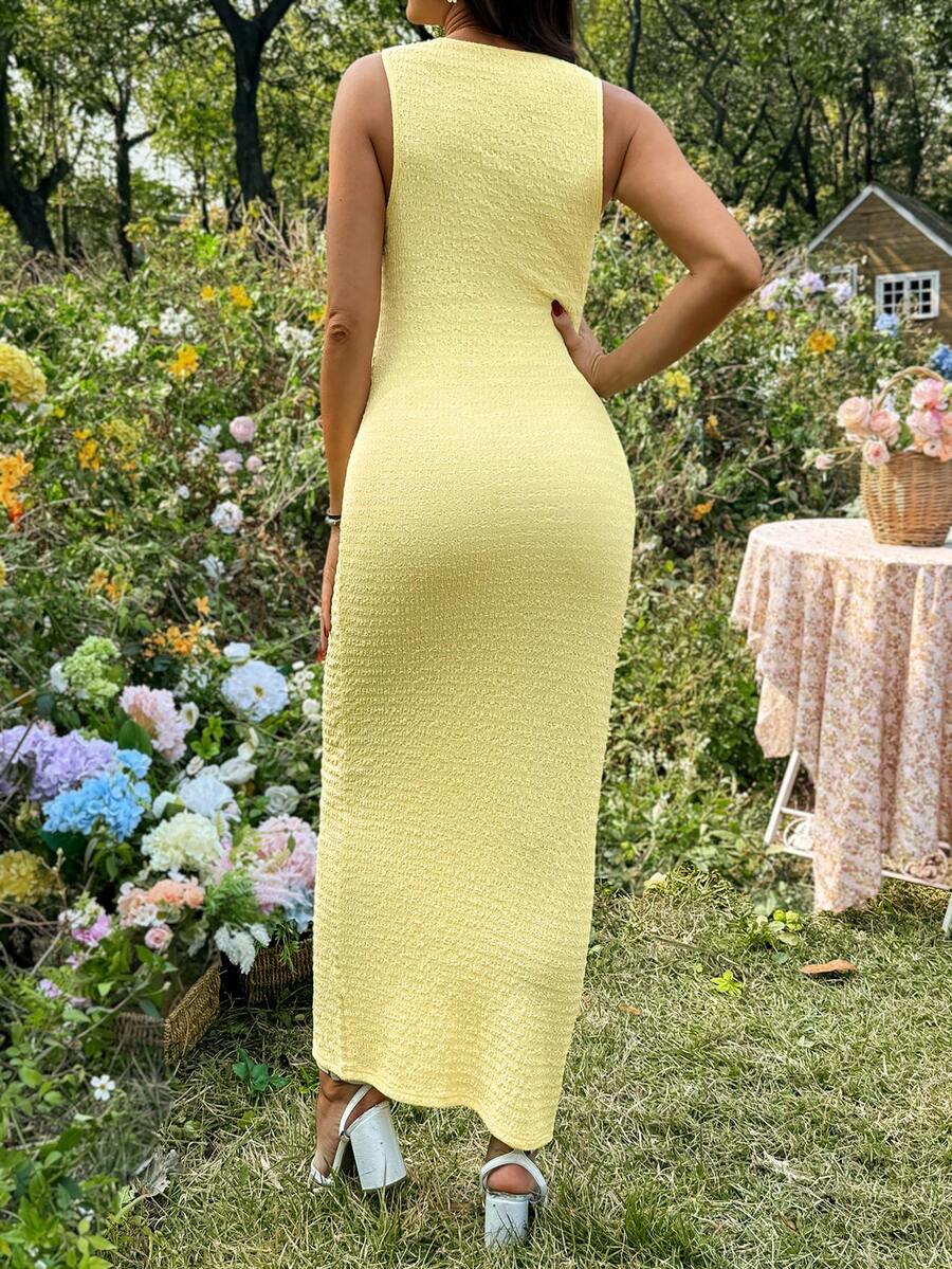 Maternity Minimalist Yellow Round Neck Sleeveless Slim Fit Knit Maxi Dress for Baby Shower and Night Out