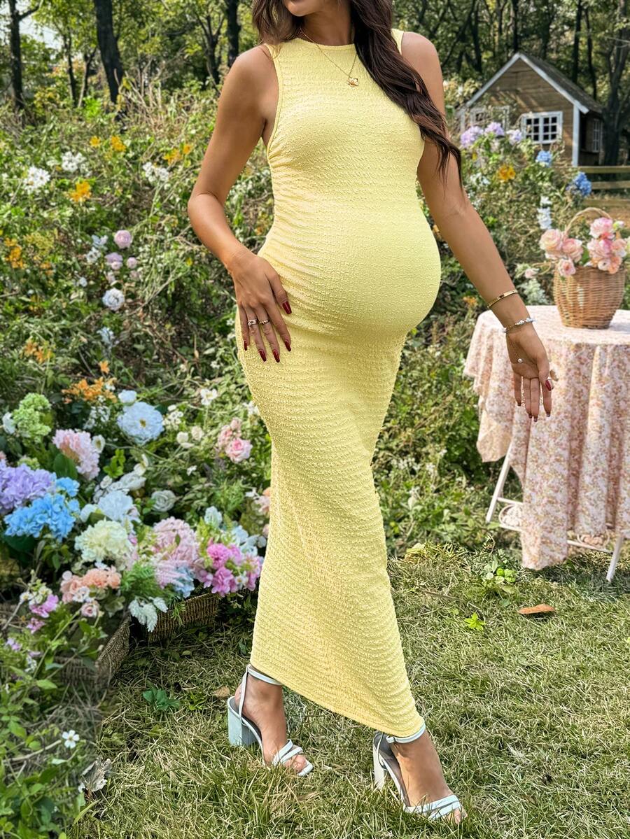 Baby Blue Maternity Textured Tank Dress Slim Fit Round Neck Sleeveless Long Knitted Casual Bodycon Dress for Night Out