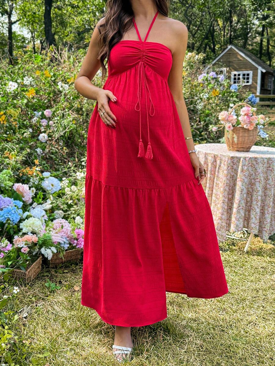 Maternity Vacation Casual Solid Color Halter Backless Dress Red Maternity Dress Red Maxi Dress Women Maternity Sundress Red Baby Shower Dress Maternity Two Piece Sets