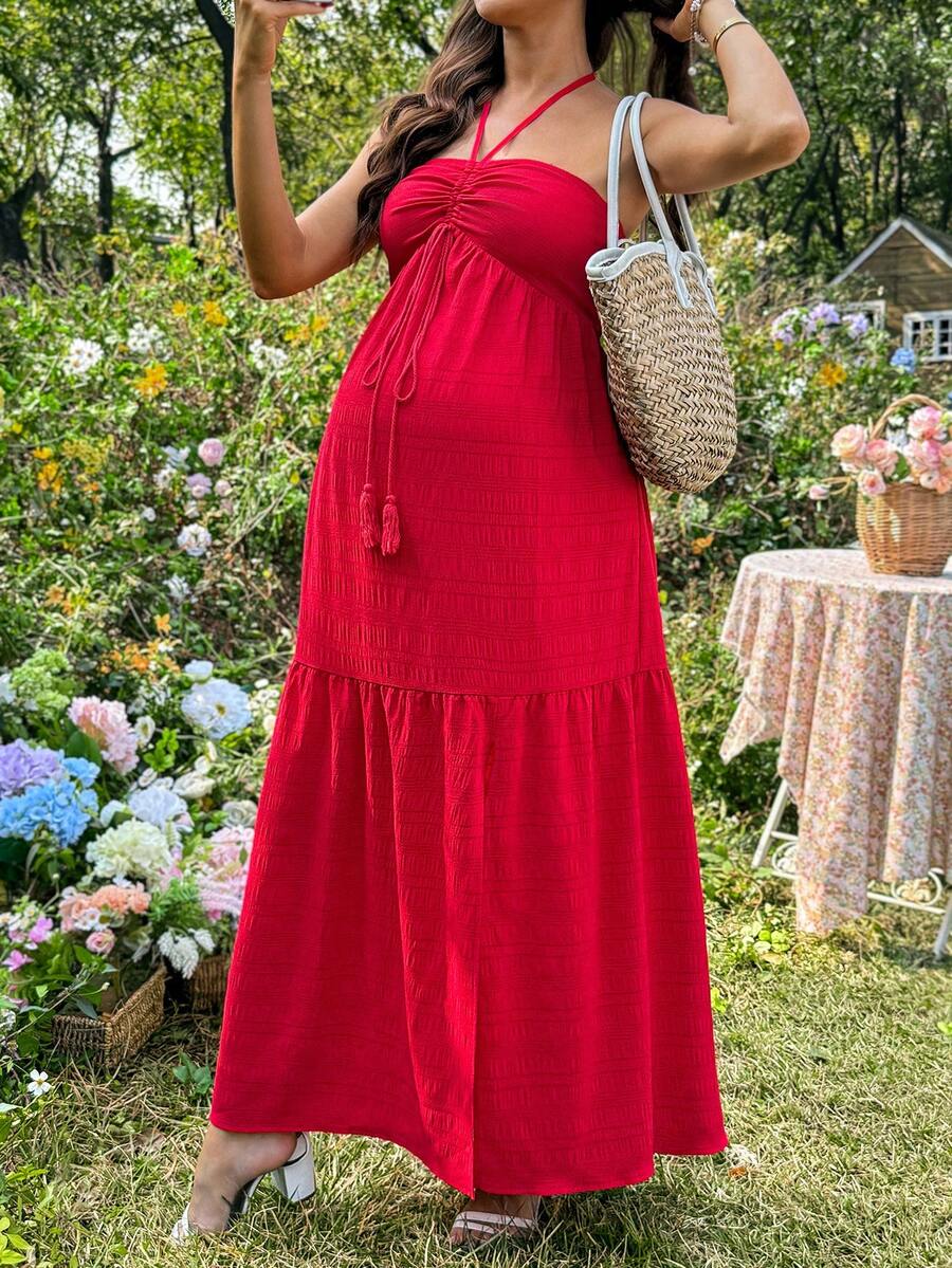 Maternity Vacation Casual Solid Color Halter Backless Dress Red Maternity Dress Red Maxi Dress Women Maternity Sundress Red Baby Shower Dress Maternity Two Piece Sets