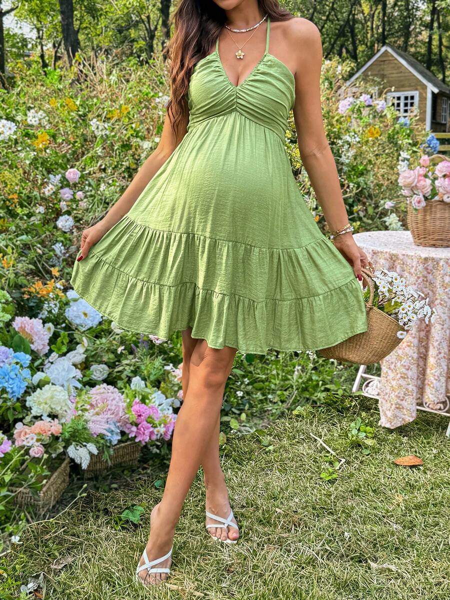 Maternity Vacation Solid Color Ruffle Hem Halter Neck Dress Green Maternity Dress Baby Shower Maternity Sundress Green Sundress Green Summer Dress Green Vacation Dress