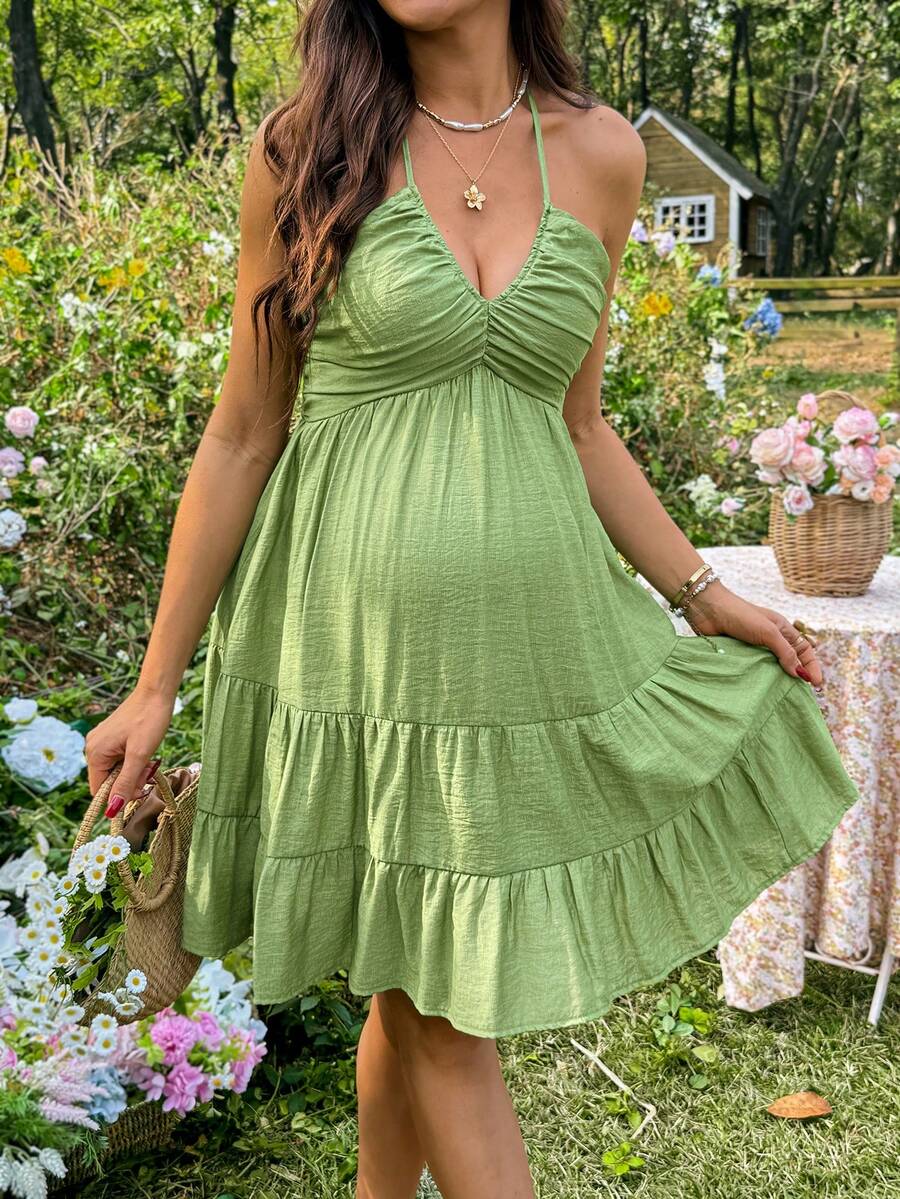 Maternity Vacation Solid Color Ruffle Hem Halter Neck Dress Green Maternity Dress Baby Shower Maternity Sundress Green Sundress Green Summer Dress Green Vacation Dress