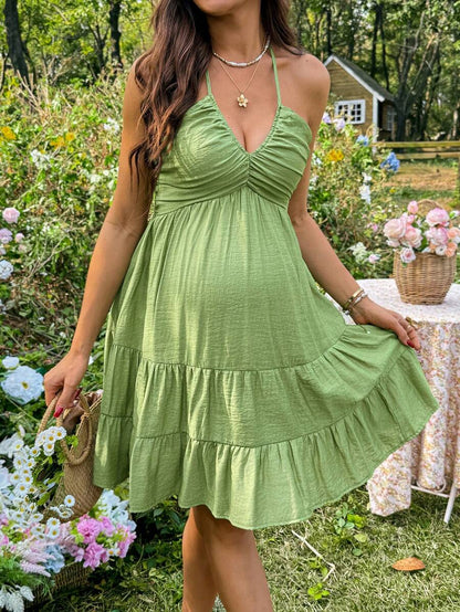 Maternity Vacation Solid Color Ruffle Hem Halter Neck Dress Green Maternity Dress Baby Shower Maternity Sundress Green Sundress Green Summer Dress Green Vacation Dress