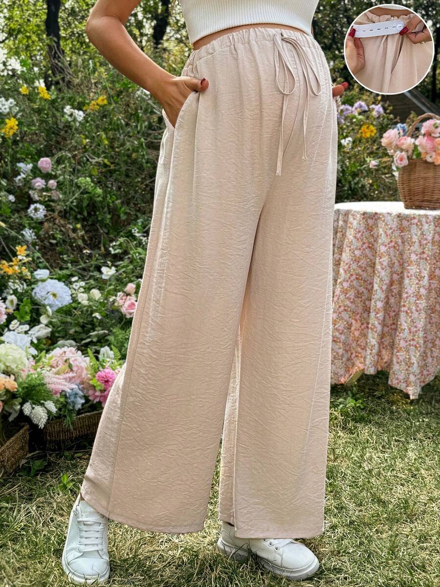 Maternity High Waisted Wide Leg Linen Pants with Pockets, Khaki Loose Fit Elastic Drawstring Straight Leg Summer Beach Boho Trousers