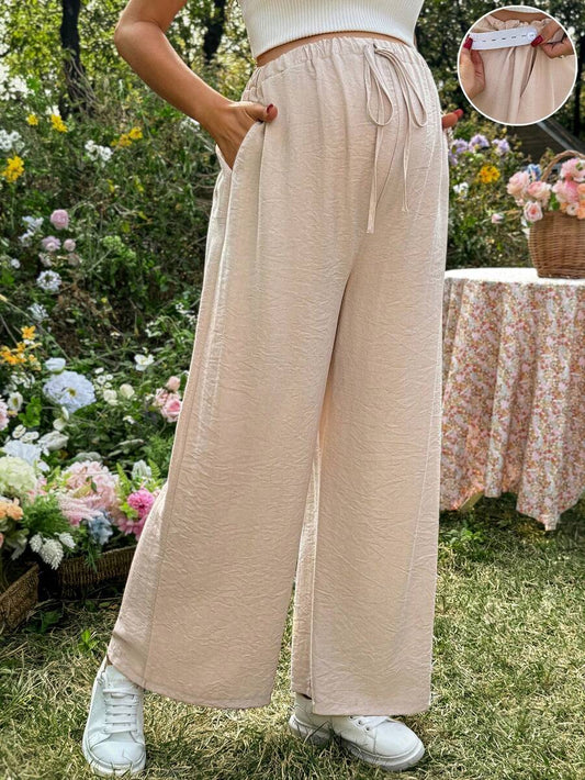 Maternity High Waisted Wide Leg Linen Pants with Pockets, Khaki Loose Fit Elastic Drawstring Straight Leg Summer Beach Boho Trousers