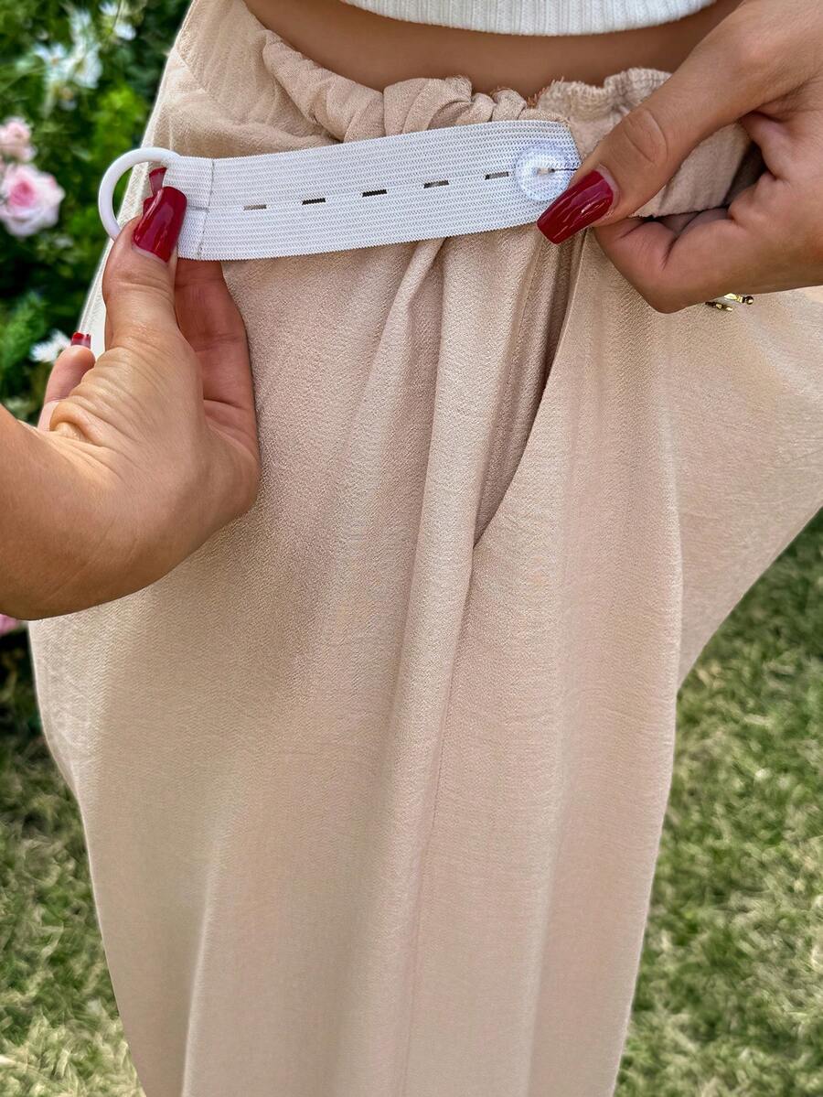 Maternity High Waisted Wide Leg Linen Pants with Pockets, Khaki Loose Fit Elastic Drawstring Straight Leg Summer Beach Boho Trousers