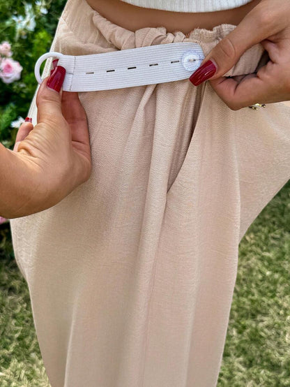 Maternity High Waisted Wide Leg Linen Pants with Pockets, Khaki Loose Fit Elastic Drawstring Straight Leg Summer Beach Boho Trousers