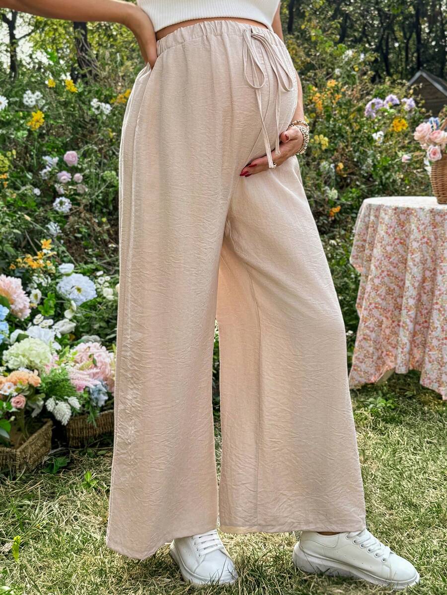 Maternity High Waisted Wide Leg Linen Pants with Pockets, Khaki Loose Fit Elastic Drawstring Straight Leg Summer Beach Boho Trousers