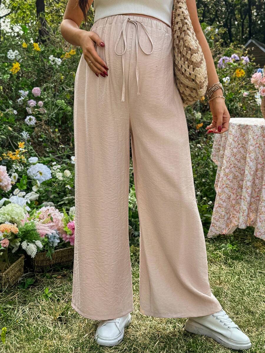 Maternity High Waisted Wide Leg Linen Pants with Pockets, Khaki Loose Fit Elastic Drawstring Straight Leg Summer Beach Boho Trousers