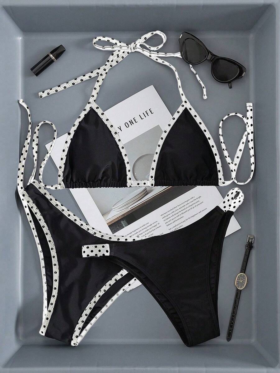 Swim Vcay Women's Swimwear Set, Fashionable Polka Dot Print Trim, Backless, Spaghetti Straps, Tie Waist, Triangle Swim Bottoms, Beach, Casual