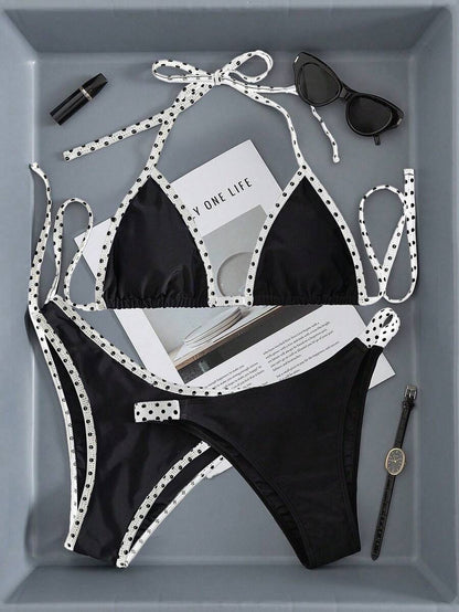 Swim Vcay Women's Swimwear Set, Fashionable Polka Dot Print Trim, Backless, Spaghetti Straps, Tie Waist, Triangle Swim Bottoms, Beach, Casual