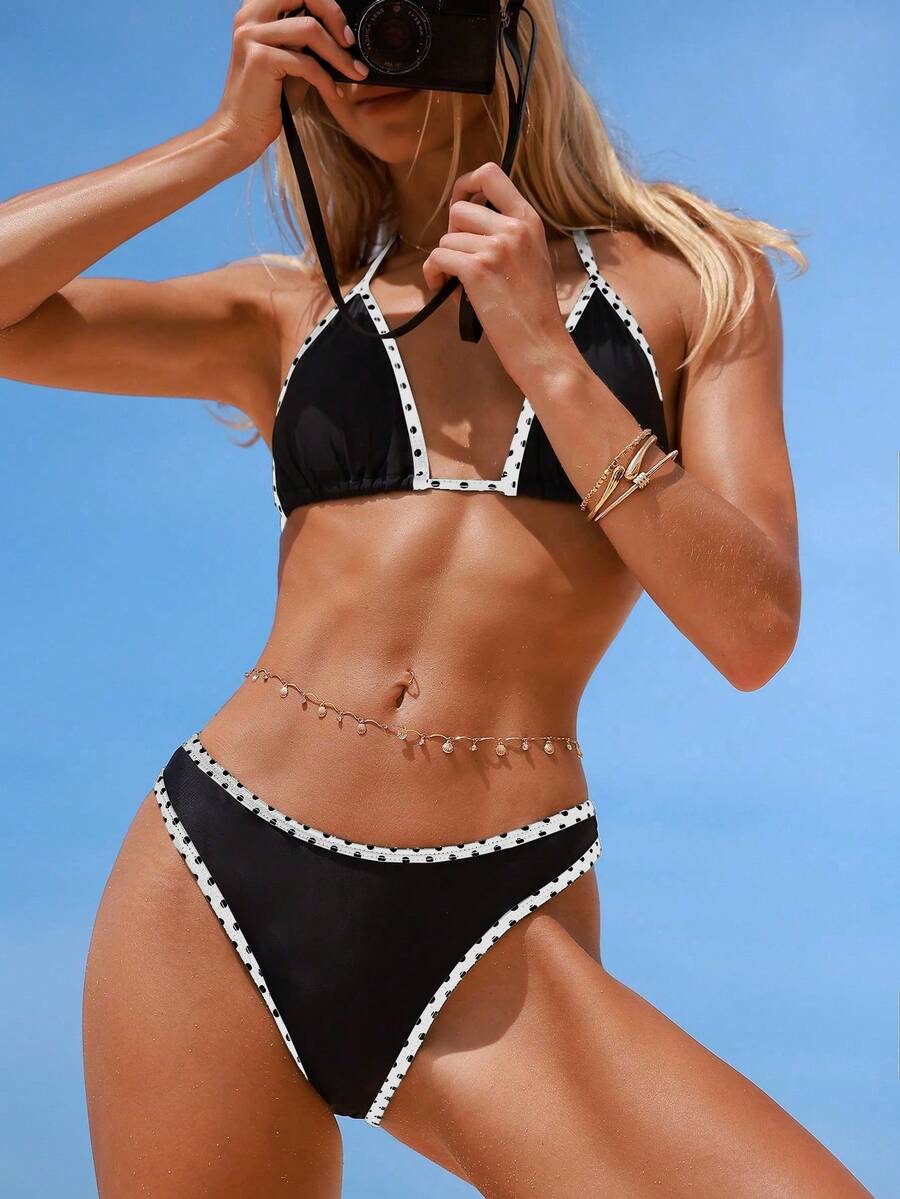 Swim Vcay Women's Swimwear Set, Fashionable Polka Dot Print Trim, Backless, Spaghetti Straps, Tie Waist, Triangle Swim Bottoms, Beach, Casual