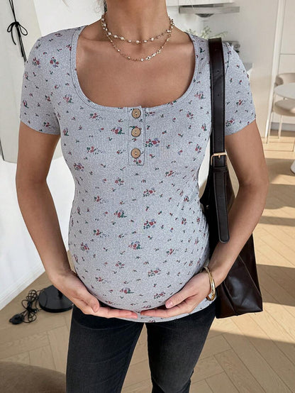 Maternity Grey Ditsy Floral Square Neck Short Sleeve T-Shirt - Slim Fit Knitted Summer Top for Pregnant Women