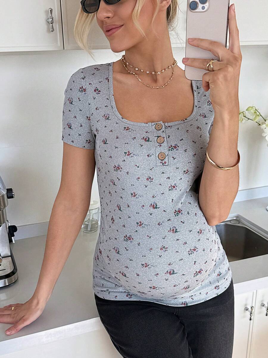 Maternity Grey Ditsy Floral Square Neck Short Sleeve T-Shirt - Slim Fit Knitted Summer Top for Pregnant Women