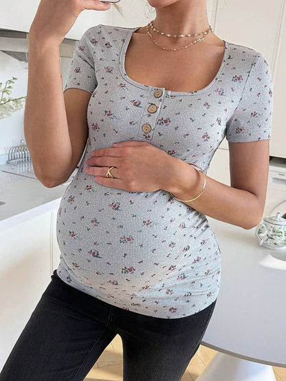 Maternity Grey Ditsy Floral Square Neck Short Sleeve T-Shirt - Slim Fit Knitted Summer Top for Pregnant Women