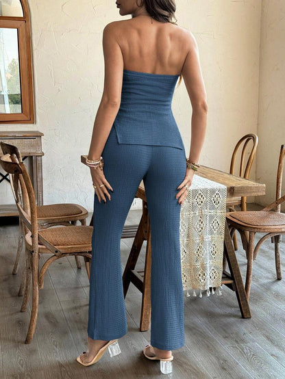 Maternity 2 Piece Set Strapless Bandeau Tube Top and Split Hem Flare Pants Slim Fit Knit Casual Pregnancy Outfit in Blue