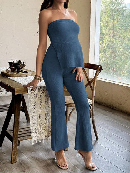Maternity 2 Piece Set Strapless Bandeau Tube Top and Split Hem Flare Pants Slim Fit Knit Casual Pregnancy Outfit in Blue
