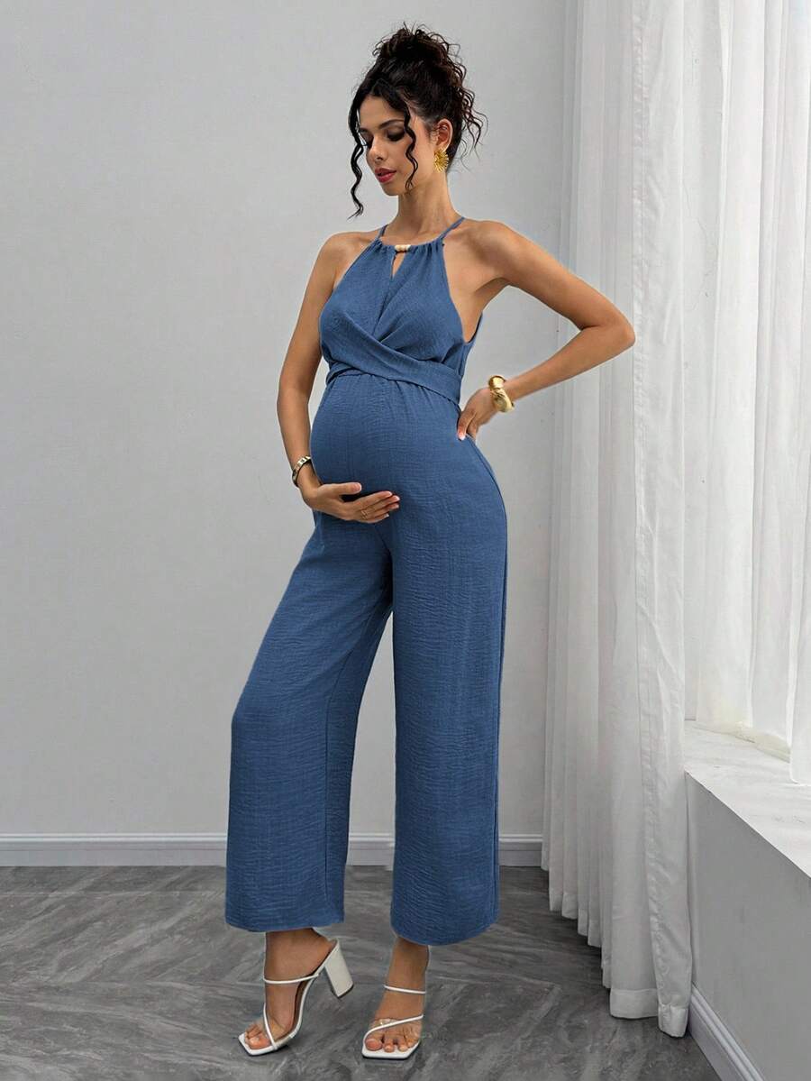 Maternity Jumpsuit With Wooden Bead Halter Neck, Tie Front Waist Bow Detail, Full Length Pants Maternity Women Pregnancy Clothes Maternity Clothes Baby Shower Guest Outfit Maternity Jumpsuits For Woman Jumpsuit For Pregnant Woman Pregnancy Outfits