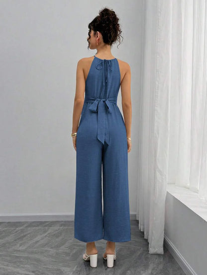 Maternity Jumpsuit With Wooden Bead Halter Neck, Tie Front Waist Bow Detail, Full Length Pants Maternity Women Pregnancy Clothes Maternity Clothes Baby Shower Guest Outfit Maternity Jumpsuits For Woman Jumpsuit For Pregnant Woman Pregnancy Outfits